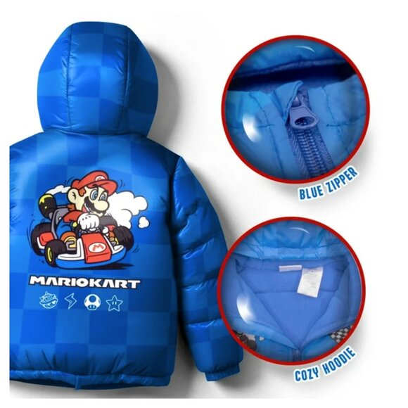 Nintendo Super Mario Bros Winter Jacket Boy Mario Kart Graphic Puffer Size 10/12 - Picture 3 of 7